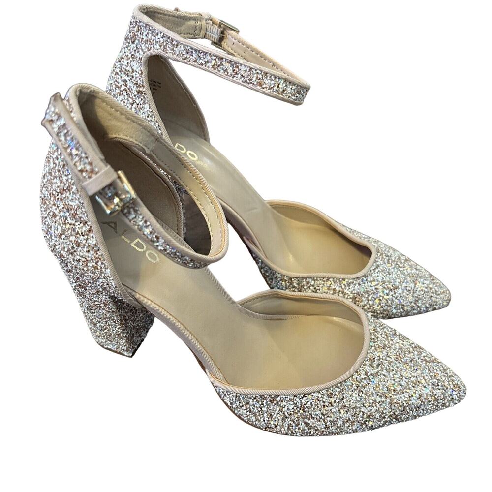 Aldo Gold White High Heels Sparkle Shoes Women Size 9 Pointed Toe Shiny Glitter